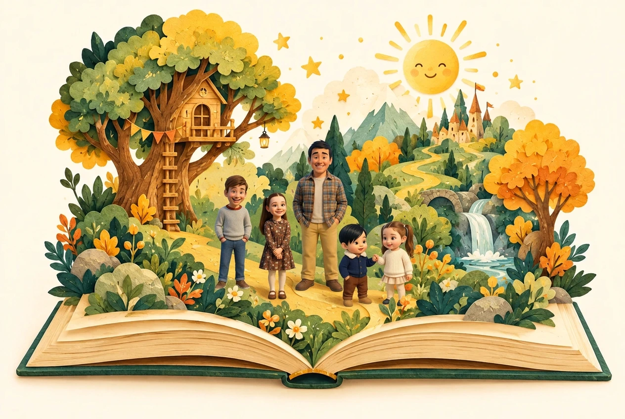 The five GoldMindz™ avatars explore a golden forest with a treehouse, castle and stream rising from an open storybook.